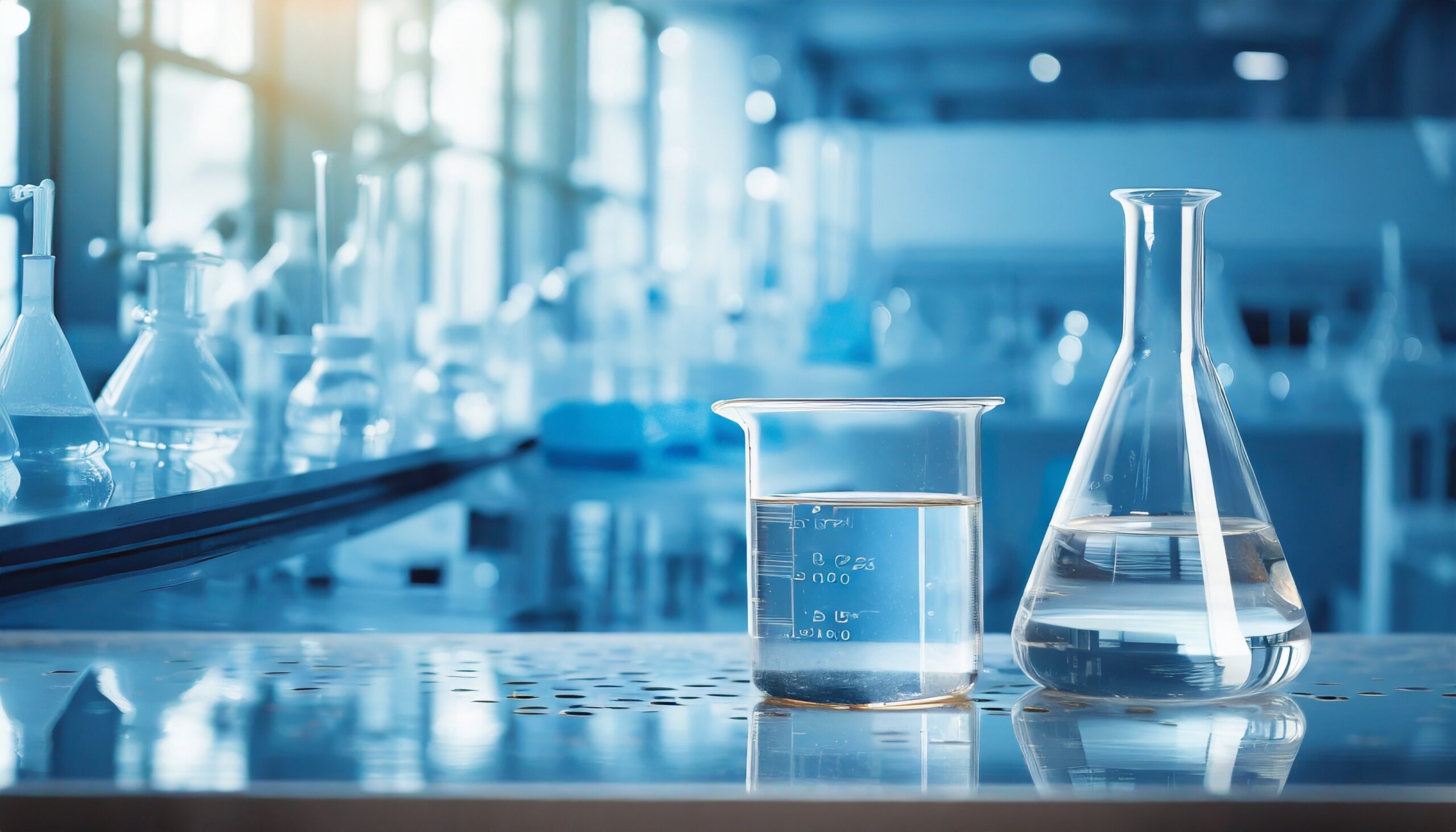 water in beaker and flask glass in chemistry blue science laboratory background